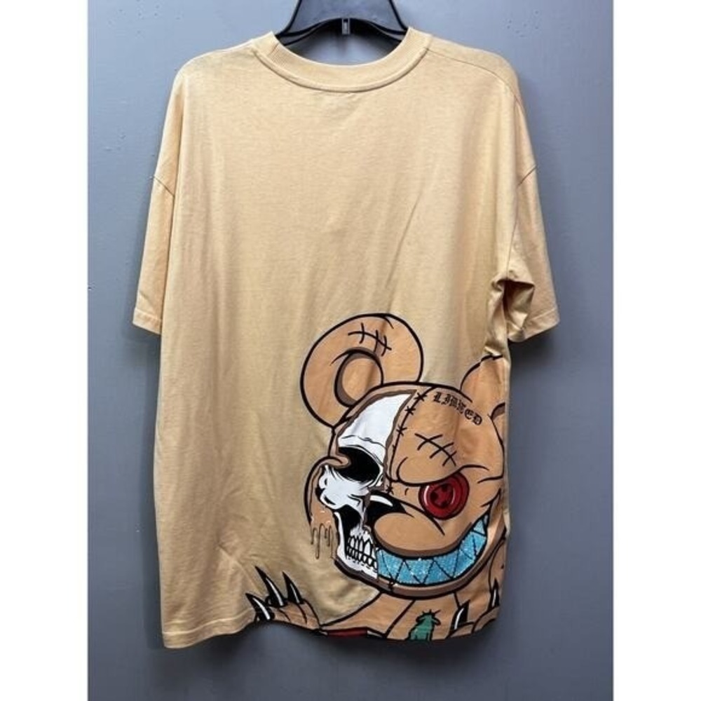 boohooMAN T-Shirt Mens XS Tan Graphic Skull‎ Teddy Bear Streetwear FCLMAN Tee